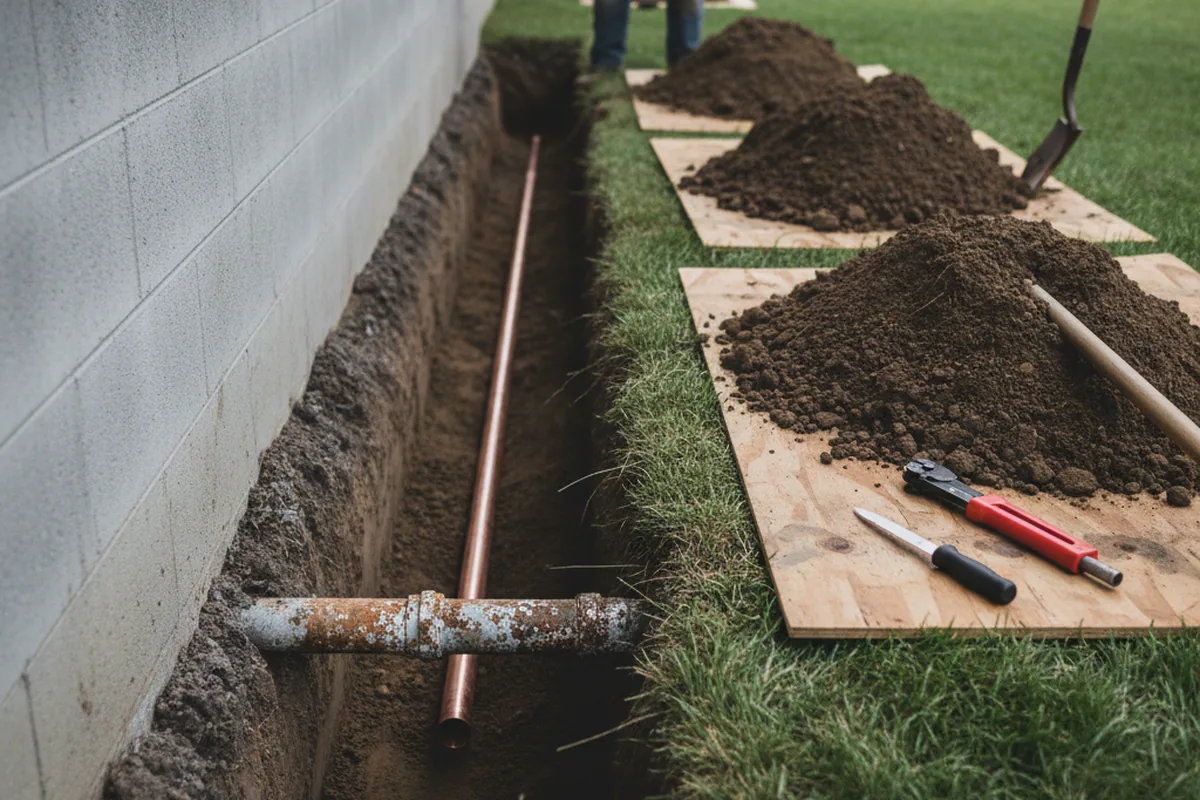 Excavated water line trench during Sewer Line Repair in Belford
